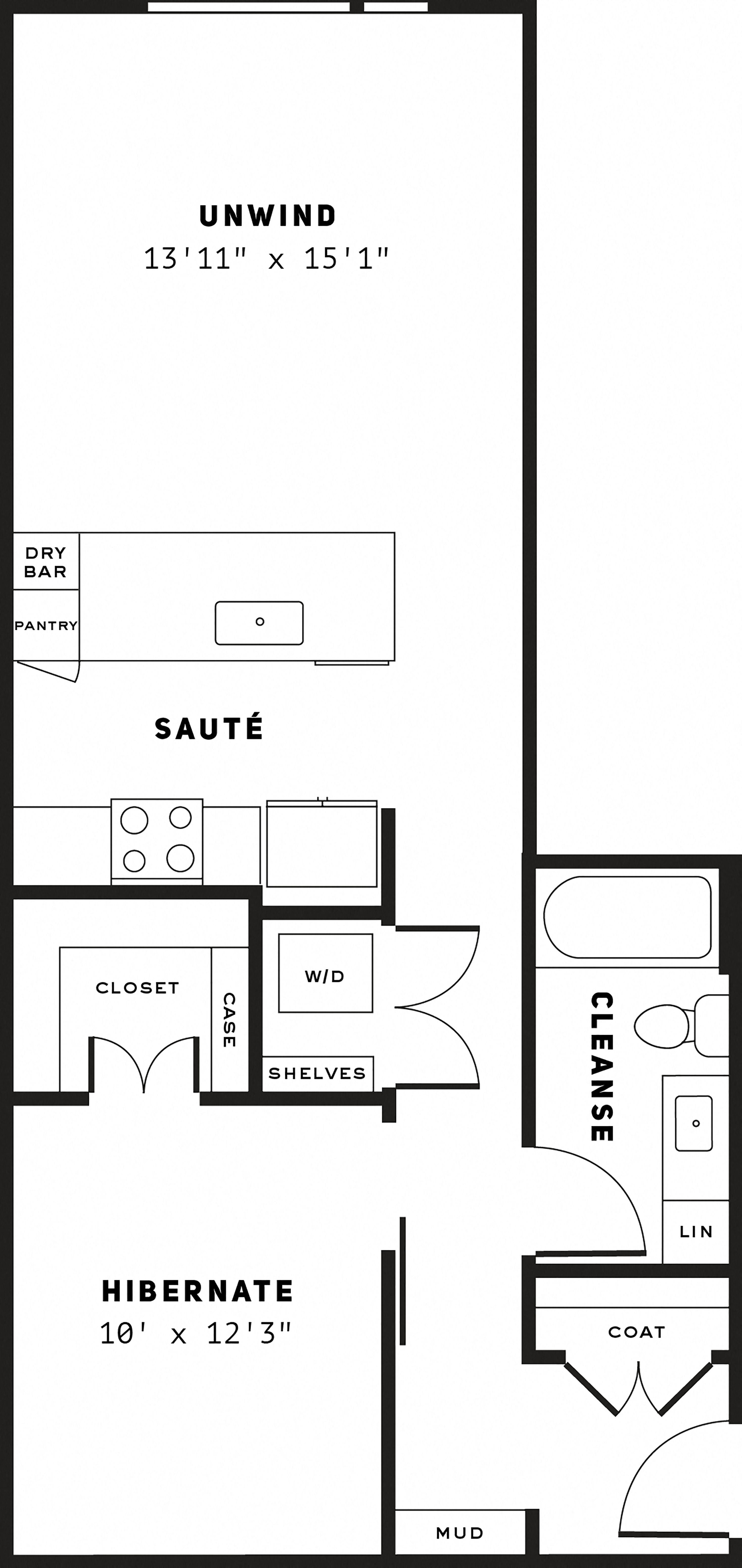 Floor plan for 1 bed, 1 bath, 745 sqft